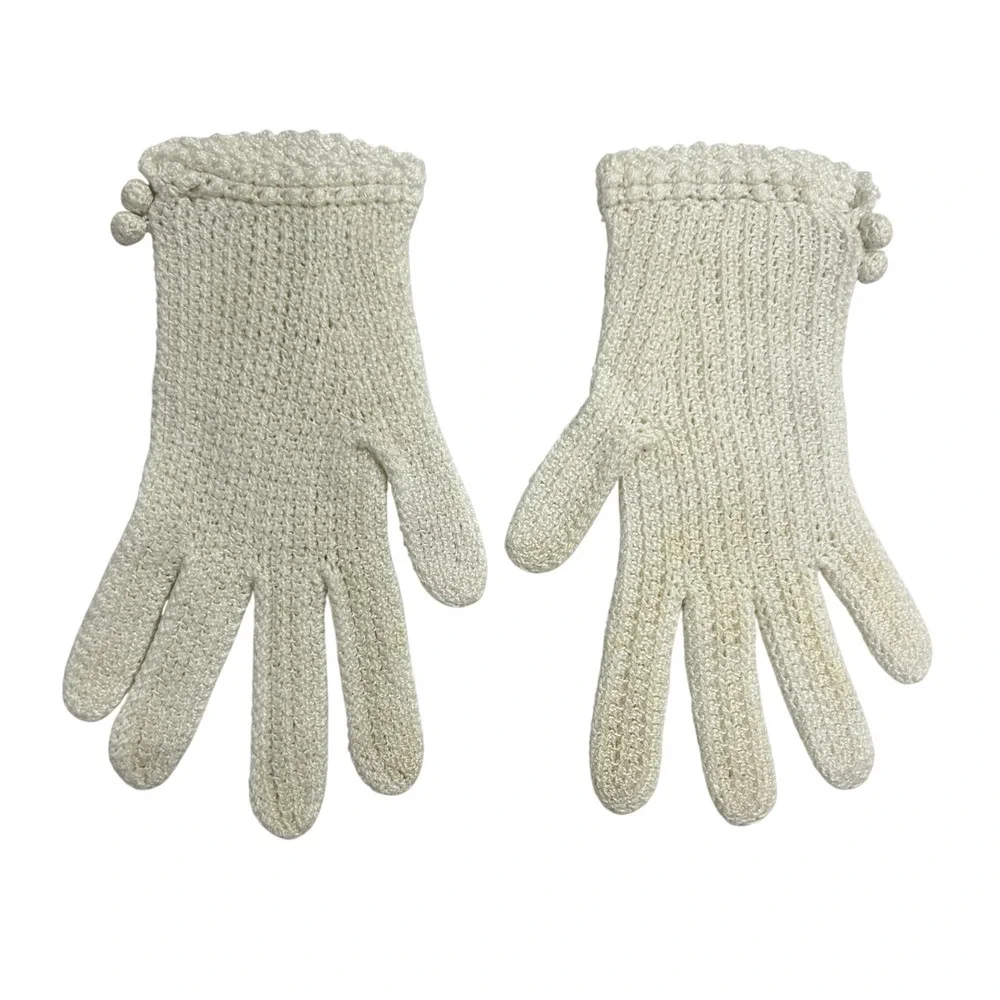 Vintage Victorian Dainty Crochet Knit Pom Pom Wrist Length Gloves S Cream